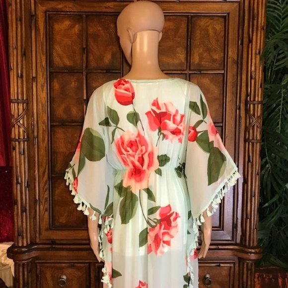 NWOT Chiffon Aqua Floral Tassel Tie Front Kimono Duster - Picture 5 of 12